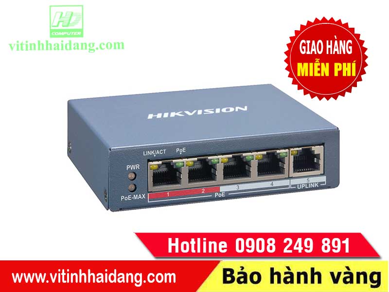 Switch Poe 4 Port Hikvision DS-3E1105P-EI (4 Port X 10/100 Mbps, Công Suất 65W, Cấp Nguồn Lên Đến 250m